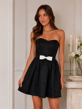 Petal & Pup Strapless Bow Fit & Flare Mini Dress Black White L NWT
